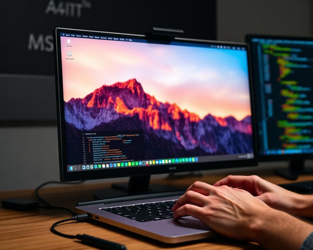 Code auf externem Monitor mit warmem Sonnenuntergangs-Wallpaper